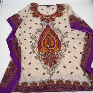 California Woman Dashiki Kaftan Top Purple Orange Paisley Print One Size
